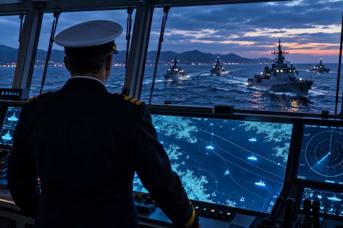 Digital maritime chart showing own-ship and cooperating asset positions